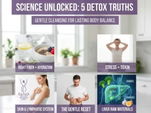 summarizing 5 counterintuitive detox truths: the need for right fiber and hydration, stress as a major toxin, the role of the skin and lymphatic system, the concept of a gentle reset, and providing the liver with raw materials for its two-phase detoxification process.