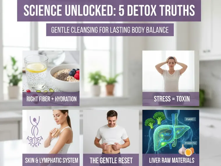summarizing 5 counterintuitive detox truths: the need for right fiber and hydration, stress as a major toxin, the role of the skin and lymphatic system, the concept of a gentle reset, and providing the liver with raw materials for its two-phase detoxification process.