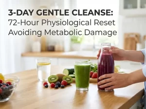 Photo detailing the 72-hour physiological reset during a Gentle Cleanse: showing the activation of Autophagy for cellular repair, the rapid shift in gut microbiome balance, the dual support of Liver Detox Phase I & II with key nutrients, and the improvement in Leptin and Insulin sensitivity for hormonal balance.