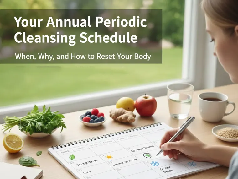 the Annual Periodic Cleansing Schedule with 4 seasonal resets: Spring (Liver Support), Summer (Digestive Enhancement), Fall (Immune Preparation), and Winter (Deep Colon Restoration), all based on a 3-Day Gentle Cleanse protocol for systemic health maintenance.