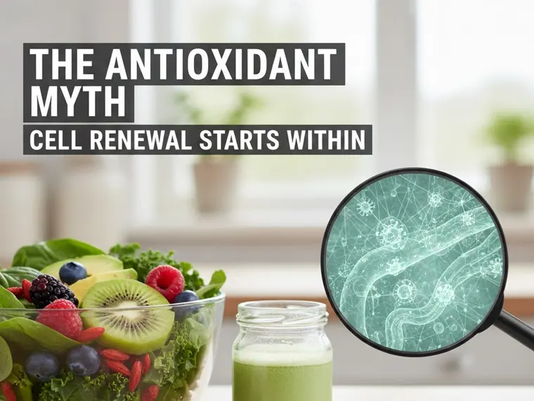 Scientific illustration debunking The Antioxidant Myth: showing how Free Radicals damage the Gut Lining (Leaky Gut) and lead to Systemic Inflammation, highlighting the importance of endogenous antioxidants (Glutathione) and the need for internal cleansing (clearing Impacted Fecal Matter via Oil Palm Fiber) to maximize Cell Renewal potential.