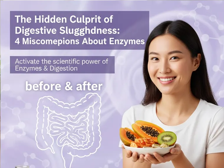 Digestive Sluggishness and Enzyme Misconceptions. Focuses on the synergy of stomach acid and enzymes, the accumulation of Undigested Waste, the role of specific enzymes (Amylase, Lipase), and the integrated strategy of using Digestive Enzymes with Oil Palm Fiber for clearance.