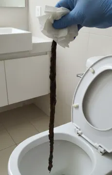 Visual evidence of long, old residues eliminated after cleansing, demonstrating the release of stagnant intestinal buildup