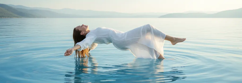 Woman floating effortlessly on water, symbolizing the emotional benefits of the cleanse, including deep lightness, freedom, and a sense of calm focus