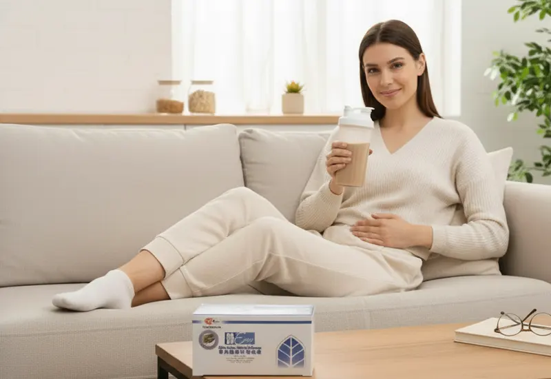 Woman relaxing comfortably while drinking So Easy, demonstrating how the gentle cleanse works better without cramps or disruption, fitting easily into real life.