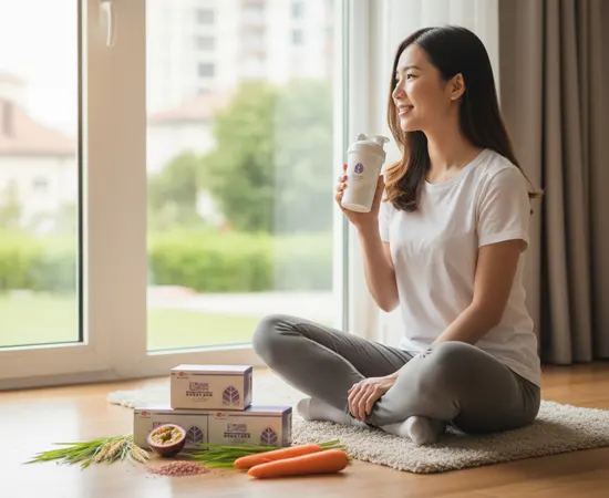 A woman serenely enjoying her So Easy nutritional cleanse drink, embodying the philosophy of restoring natural body rhythm, not restriction