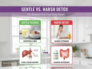 Comparison infographic showing the difference between Gentle Cleanse (Nutrition & Fiber, Liver & Colon Support, Balance & Wellness) and Harsh Detox (Caloric Extremism, Laxative Dependence, Metabolic Damage)