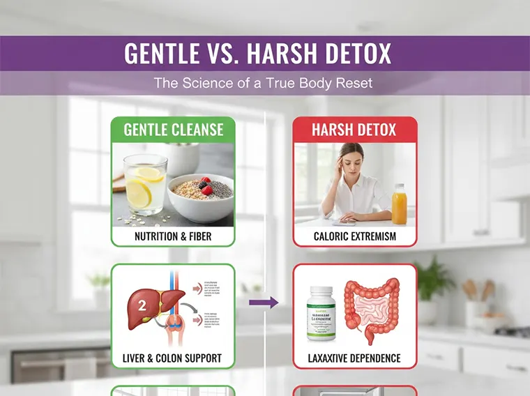 Comparison infographic showing the difference between Gentle Cleanse (Nutrition & Fiber, Liver & Colon Support, Balance & Wellness) and Harsh Detox (Caloric Extremism, Laxative Dependence, Metabolic Damage)