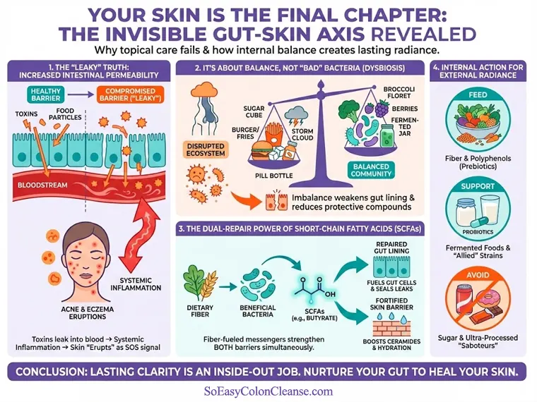Infographic detailing the gut-skin axis, showing how increased intestinal permeability (leaky gut) leads to systemic inflammation, and how Short-Chain Fatty Acids (SCFAs) from fiber repair both gut and skin barriers.