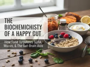 Scientific infographic detailing The Biochemistry of a Happy Gut, showing how food regulates SCFA (e.g., Butyrate) production from dietary fiber, the Mucus Layer thickness, and communication along the Gut-Brain Axis, emphasizing the role of fermented foods and repairing "Leaky Gut".