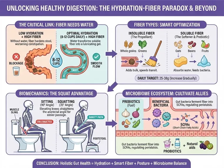 Infographic detailing the four pillars of healthy bowel movements: the critical link between hydration and fiber, the types of fiber (soluble vs. insoluble), optimal squatting posture biomechanics, and cultivating the microbiome ecosystem with prebiotics and SCFAs.