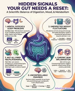 Infographic detailing 5 hidden signals for a gut reset, including mental fatigue, sleep problems, weight fluctuations, chronic skin inflammation, and uncontrollable cravings linked to gut imbalance