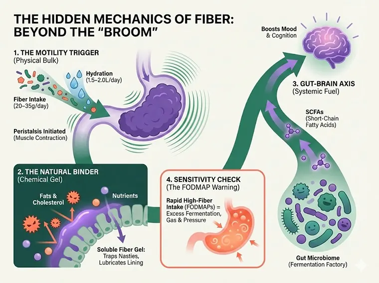 Infographic detailing the hidden mechanics of fiber, explaining how physical bulk, chemical binding, the Gut-Brain Axis, and FODMAP sensitivity impact motility, mood, and fat/cholesterol binding