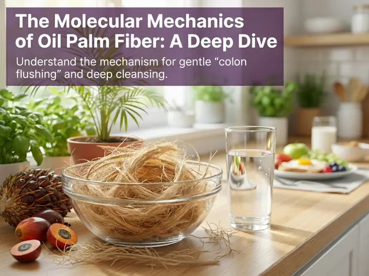 the Molecular Mechanics of Oil Palm Fiber (OPF) for "Colon Flushing." Highlights OPF's High Water Absorption, low Fermentation Rate (reducing gas/IBS risk), stable Bulking Index, and mechanical propulsion for gentle clearance of Impacted Fecal Matter.