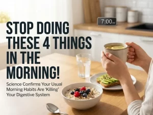 Infographic detailing 4 common Morning Habits for Digestive Health Mistakes: Drinking ice water (causing peristalsis slowdown), stressful eating (triggering fight-or-flight mode and enzyme suppression), high-sugar breakfast (causing blood sugar shock), and ignoring the emptying signal (weakening the Gastrocolic Reflex and causing constipation).