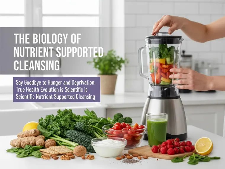The Biology of Nutrient Supported Cleansing: explaining how high-fiber/protein intake recalibrates Leptin and Ghrelin satiety hormones, how dietary fiber ensures mechanical colon clearance of Impacted Fecal Matter, and why micronutrients are crucial cofactors for Liver Phase I and II detoxification (Image of blender with vegetables)