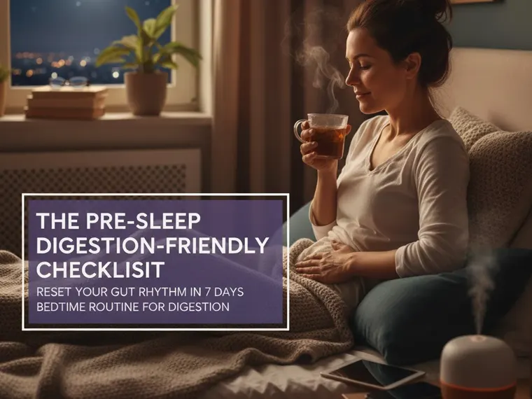 The Pre-Sleep Digestion-Friendly Checklist. Details 6 counter-intuitive habits for a Bedtime Routine for Digestion, focusing on activating Melatonin, the Vagus Nerve, and the Migrating Motor Complex (MMC). Key actions include the 3-hour Dinner Cut-Off Time and Colon Massage.