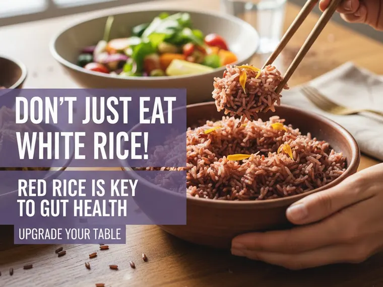 the benefits of Red Rice for Gut Health, debunking 4 misconceptions: highlighting its low Glycemic Index (stable blood sugar), Anthocyanins (antioxidant shield), Resistant Starch (prebiotic function), and Insoluble Coarse Fiber (clearing Impacted Fecal Matter)