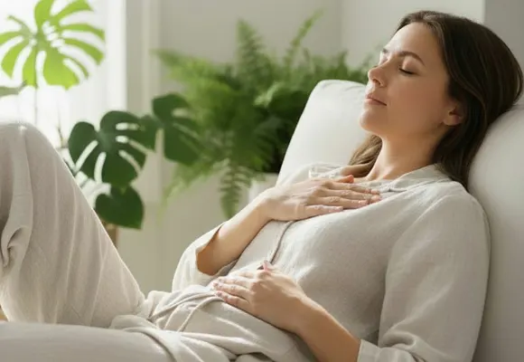 Woman resting hands on stomach, illustrating inner peace and listening to the body's innate intelligence to restore natural cleansing flow