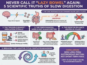 Infographic detailing 5 scientific truths of slow digestion, explaining neuromuscular failure, medication effects, fiber paradox, exercise balance, and the risks of the laxative cycle on natural bowel rhythm