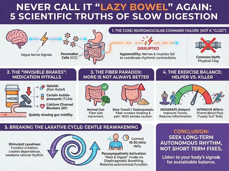Infographic detailing 5 scientific truths of slow digestion, explaining neuromuscular failure, medication effects, fiber paradox, exercise balance, and the risks of the laxative cycle on natural bowel rhythm