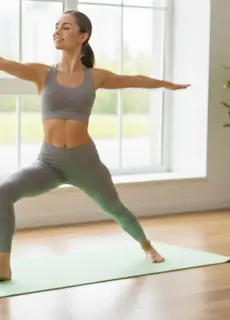 Woman doing yoga with So Easy cleanse kit nearby, illustrating how the gentle program is designed for real life, allowing normal activities like exercise