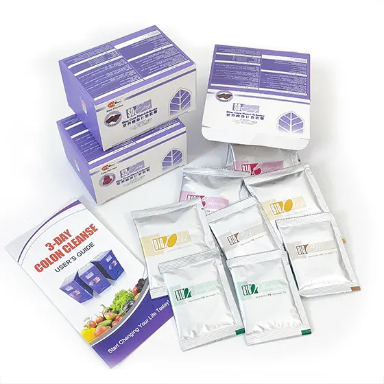 Photo showing the complete So Easy 3-Day Cleanse Kit components: 3 daily boxes, User's Guide, and the 4 synergistic formula sachets