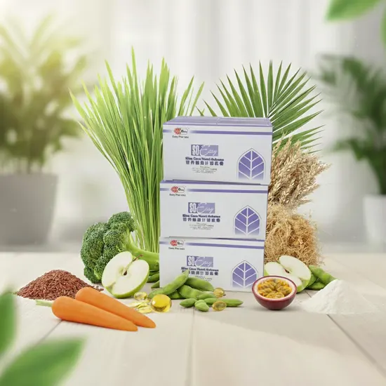 So Easy 3-Day Cleanse kit boxes stacked amidst fresh, whole-plant ingredients including wheatgrass, broccoli, carrots, apples, and soy, highlighting natural nutrition