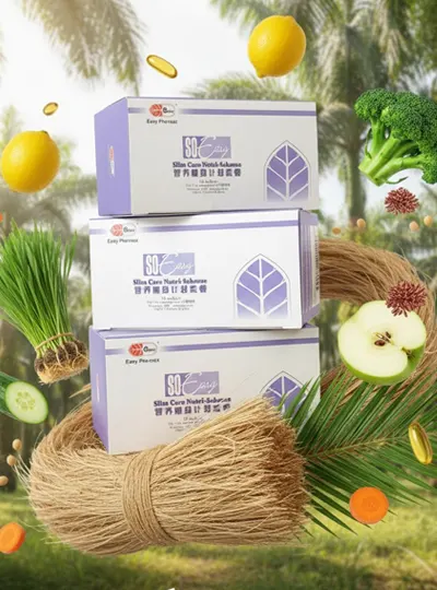 Oil palm fiber bundles prominently displayed with So Easy product and other fresh botanical ingredients like wheatgrass, lemons, passion fruit, carrot, omega-3 and apples, emphasizing natural cleansing