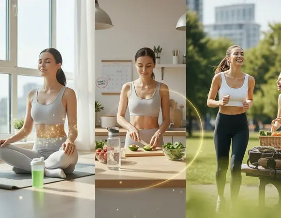 Triptych image showing sustained healthy rhythm: meditation, whole-food meal preparation, and outdoor running after the cleanse