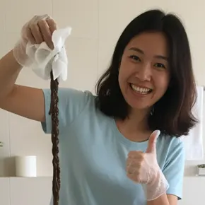 Chloe's testimonial photo: Woman giving a thumbs-up next to 7 feet of rope-like mucoid plaque, confirming the nutritionist's skepticism was humbled by the astonishing results of the cleanse.