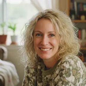 Woman relaxing comfortably on a couch with a So Easy shake, reflecting Emily K.'s experience of the easiest cleanse with zero cramping and persistent bloating gone