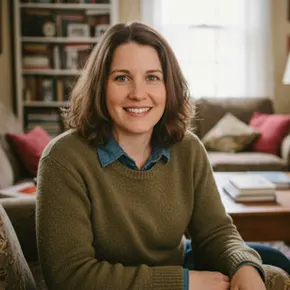 Maria V.'s testimonial photo: Woman calmly holding her stomach, representing the gentle cleanse experience with zero cramping, no bathroom emergencies, and a boost in energy