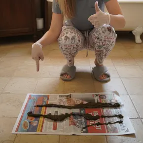 Sylvie Blythe's testimonial photo: Woman pointing at long strands of mucoid plaque, confirming the skeptical claim and resulting in 8 feet of waste cleared and significant energy improvement