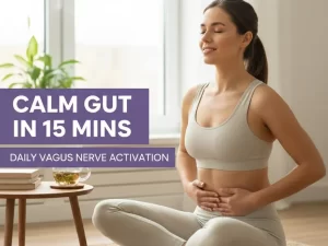Scientific illustration of the Vagus Nerve Activation Routine. Details 7 habits for achieving a "Calm Gut" in 15 minutes: Humming, cold water face wash, gentle twists, mindful breathing, and the necessity of a 3-Day Reset to clear Impacted Fecal Matter and enhance Vagal Toning.