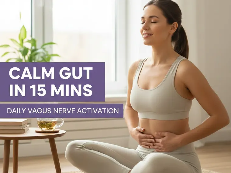 Scientific illustration of the Vagus Nerve Activation Routine. Details 7 habits for achieving a "Calm Gut" in 15 minutes: Humming, cold water face wash, gentle twists, mindful breathing, and the necessity of a 3-Day Reset to clear Impacted Fecal Matter and enhance Vagal Toning.