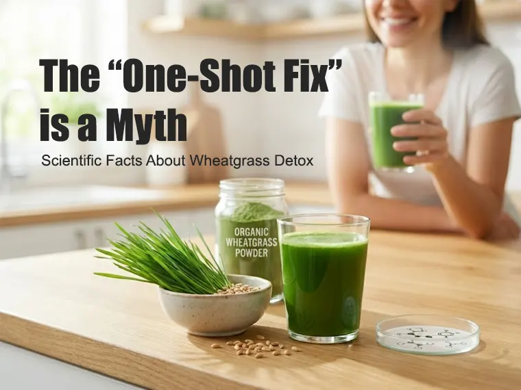 3 Wheatgrass detox myths: Myth 1 (Chlorophyll is the only benefit) vs. Fact (Active Enzymes like SOD and Amino Acids), Myth 2 (More is better) vs. Fact (Herxheimer Reaction and Bioavailability), and Myth 3 (Wheatgrass works alone) vs. Fact (Needs Dietary Fiber for Colon Clearance and Hydration).